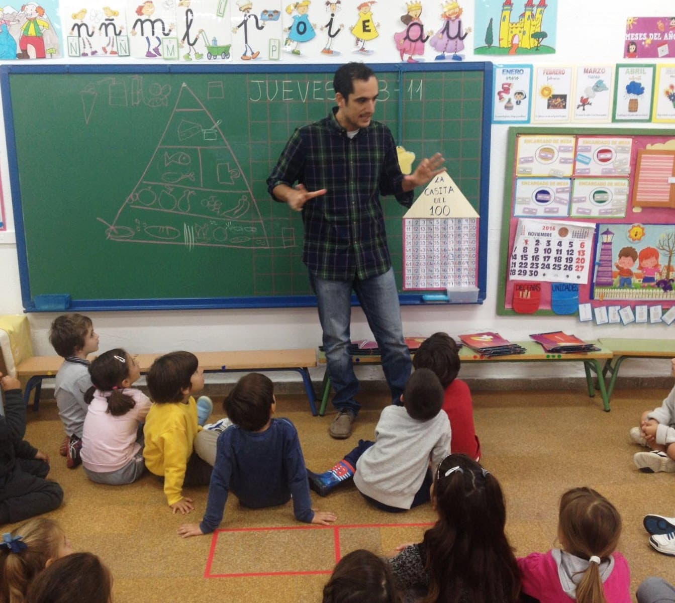 Charla de nutrición infantil en un aula de colegio, con la pirámide alimentaria en la pizarra