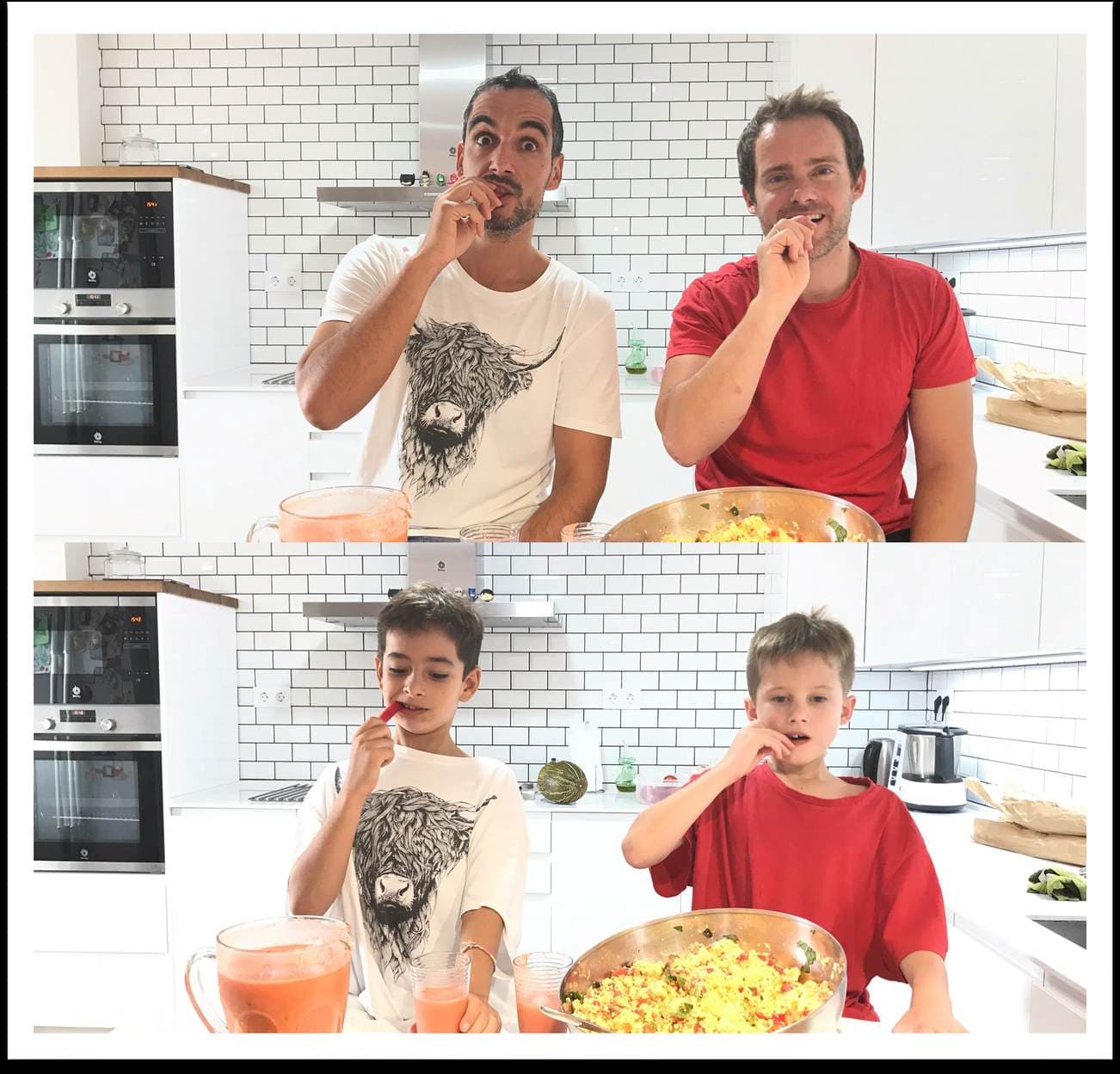 Adultos y niños degustando juntos un plato recién cocinado en una cocina de La Habitación Saludable